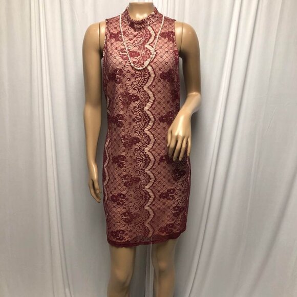 Lush Dress Womens Size Large Burgundy Lace over Tan Sleeveles Bodycon - Picture 1 of 7